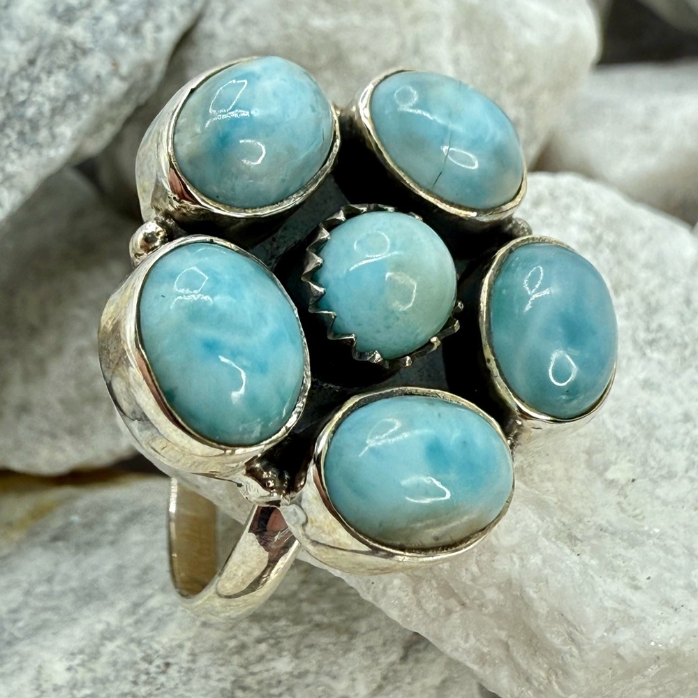 Sterling Silver Larimar Floral Cluster Ring Size 10 Boho Southwestern 925 - Picture 9 of 17
